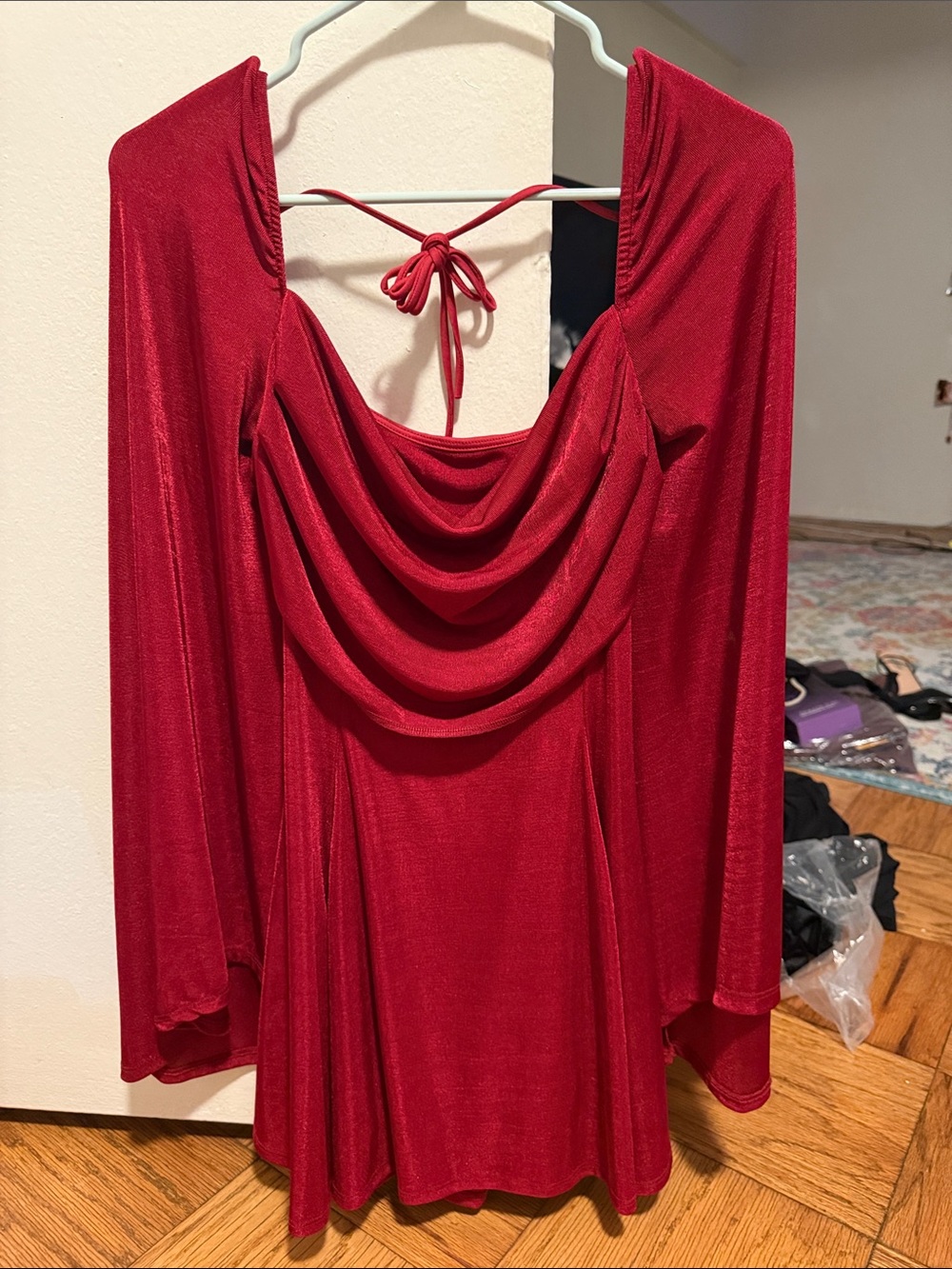 Lucy in the Sky Red Cowl-Neck Long Sleeve Dress with Back Tie